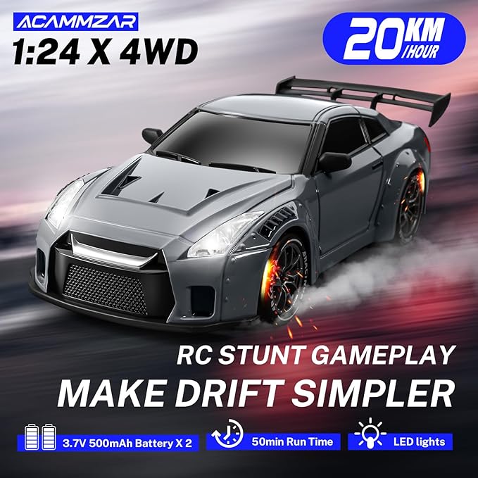 ACAMMZAR RC Drift Car 1:24 Remote Control Car for Kids 20KM/H 4WD High Speed RC Cars with Lights Extra Racing Tires Vehicle for Adults Boys Girls Gray