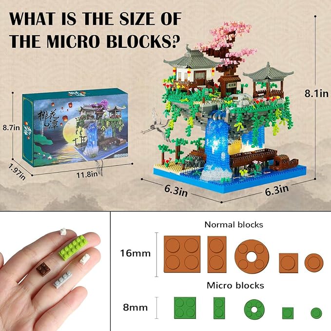 Cherry Blossom Bonsai Tree Micro Building Block Set Chinese Architecture Peach Blossom Pond Kits Japanese Sakura Tree Valentine's Day Gifts for Adults Age 14+ (2705Pieces)