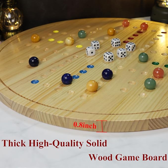 HOROW Wahoo Board Game - 20 Inch Solid Wood Board with 24 Natural Gemstone Marbles &amp 6 DiceDouble-Sided for 4 and 6 Players - Perfect for Family Game Nights and Parties