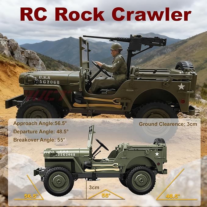 YUCT 1/10 RC Crawler Willys Jeep RC Rock Crawler 4x4 Military Off-Road Car with Driver Figure &amp Machine Gun Oliver Green
