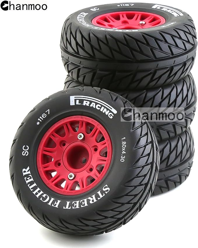1/10 RC Short Course Truck Tires And Wheels With 12mm 14mm 17mm Hex 113mm 1/8 Rubber Tyres For 1/8 or 1/10 Scale On Road Car HSP Sonic 94102 GT PTG-2 Tamiya TT02 RC Racing Car 4PCS (Red B)