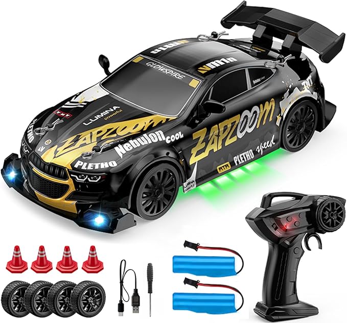 1:24 Scale RC Drift Car 4WD 2.4GHz High Speed Racing Sport Toy Car with LED Lights Racing and Drift Wheels (E81-Black)
