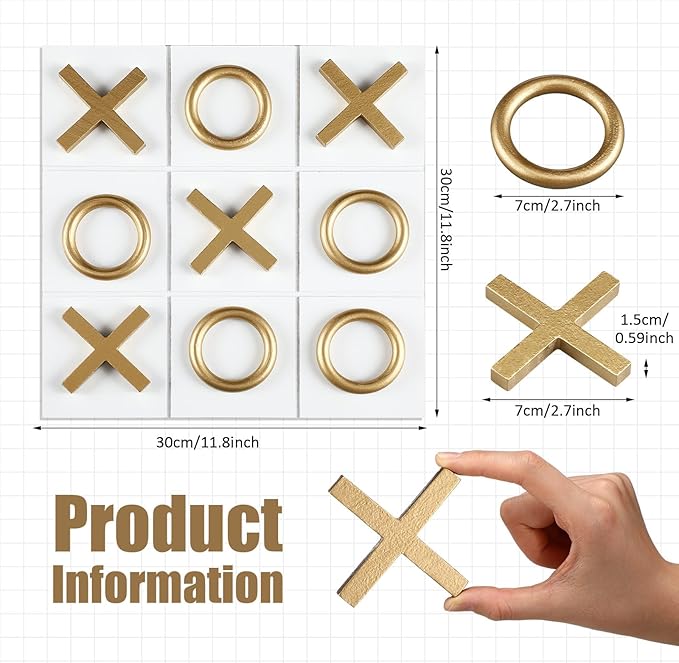 11.8x11.8 Inch Tic Tac Toe Wood Game Board Coffee Table Decor Modern Wooden for Board Table Top Living Room Decor Fun Family Party Adults Travel Ages15+(White Gold)