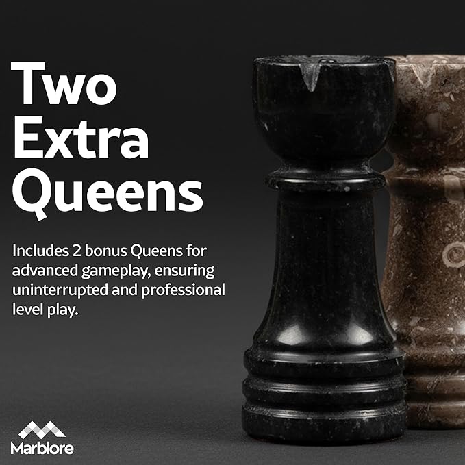 Marble Chess Set 10 Inch Oceanic &amp Black Travel Chess Board with 32 Pieces &amp 2 Extra Queens Luxury Decorative Stone Chess Game for Adults Ideal Gift for Women's Day