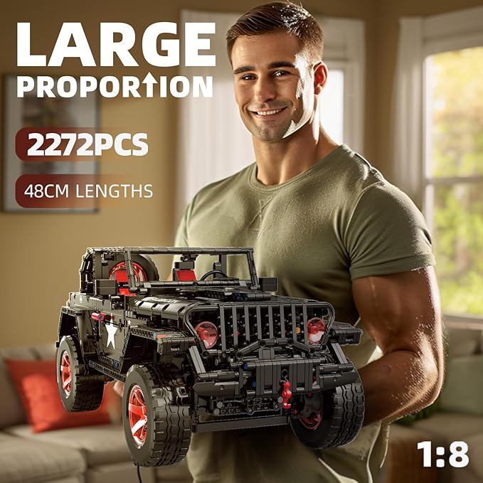 RC Off-Road SUV Wrangler Black Warrior Building Kits 1/8 Scale Pickup Truck Car with Remote Control Lights Challenge Building Blocks Gift for Technical Enthusiasts Adults &amp Teens Age 14+ (2272PC