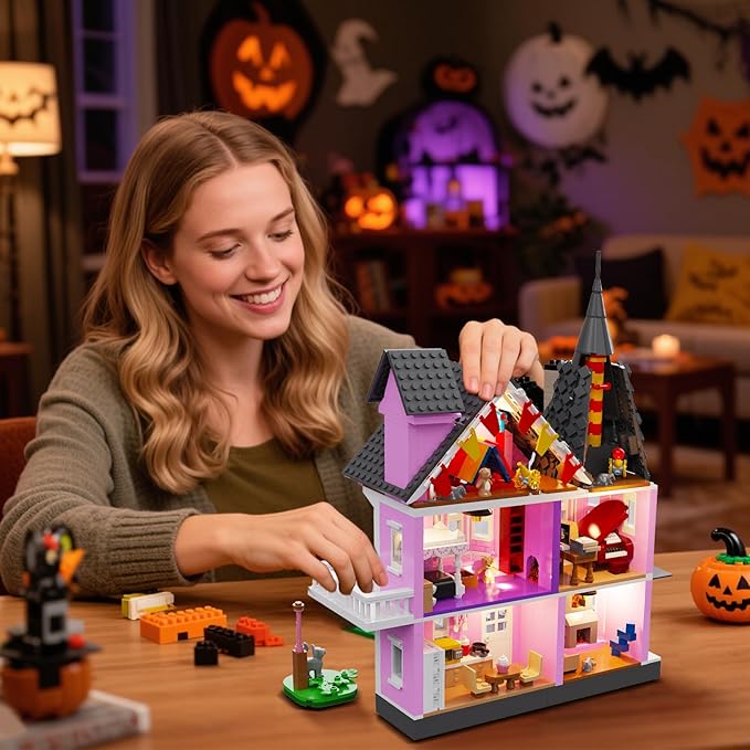 Pink Girls House Building Set with Light Haunted House Construction Building Toys Architecture Building Kit for Adults Compatible with Lego Halloween for 14+ (1537 PCS)