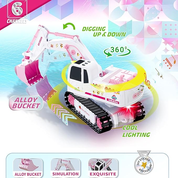 Pink RC Excavator 6 Channel 2.4Ghz RC Construction Vehicle1:24 Scale Pink Excavator Toy with 360° Rotation Light Sound and DIY Stickers Birthday Gift for Teens Adults (2 Battery)
