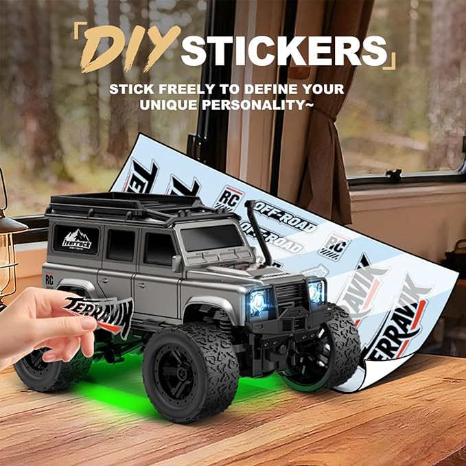1:64 Scale Mini RC Crawler with Gyro Full Proportional RTR 2.4Ghz Remote Control Truck with RGB Lights (E89-Grey)