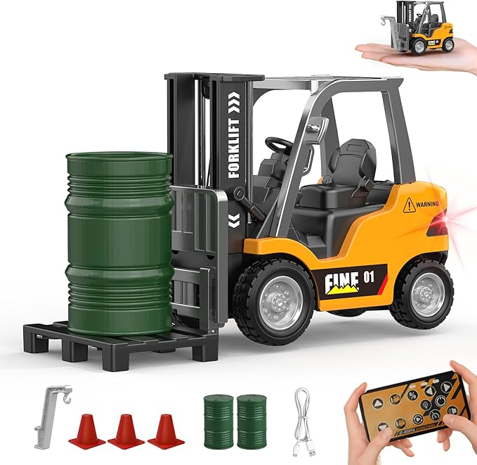 mini RC Forklift Toy - 1:64 Alloy Remote Control Crane with Liftable ForksSTEM Educational Construction Vehicle for Kids Age 6-12Christmas Birthday Gift(mini Forklift)