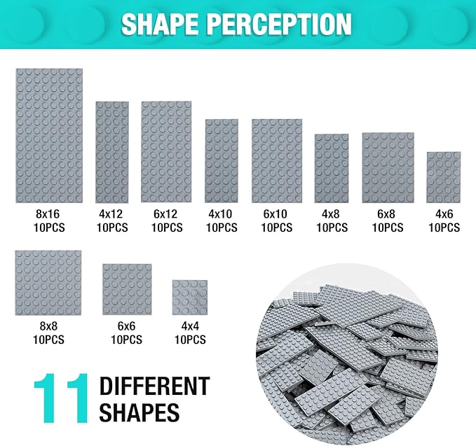 110 Pieces Classic Building Plates 11 Sizes Small Baseplates Multipacks - Compatible with All Major Brands Pieces Flat Platform Base for Moc Building Light Grey