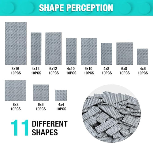 110 Pieces Classic Building Plates 11 Sizes Small Baseplates Multipacks - Compatible with All Major Brands Pieces Flat Platform Base for Moc Building Light Grey