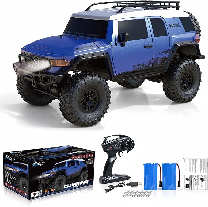 RC Cars RC Crawler 1/10 Scale RTR Remote Control Car 4WD 2.4GHz Brushed Offroad Racing Hobby Grade Model Vehicle with LED Lights 2Pcs Battery Toy for Kids and Adults