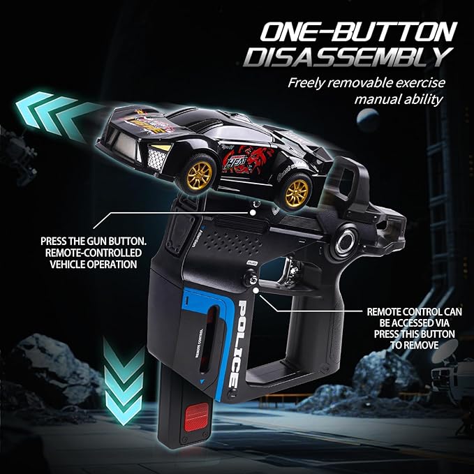 3-in-1 RC Drift Car Remote Control 1:24 Police/Sports/Racing Rechargeable 2-Player Battle Set with Infrared Gun Knock-to-Flip 60 Min Play for Kids 4 5 6 7 8 9 Year Old (Black)