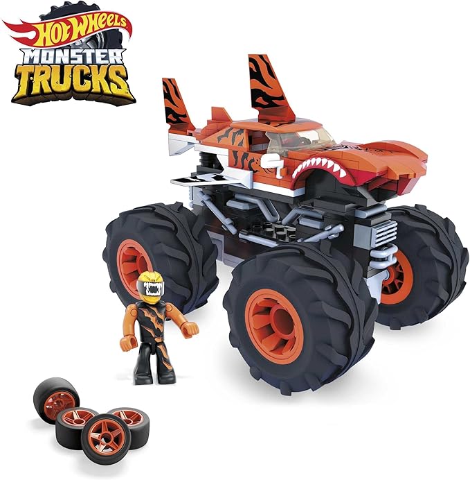MEGA Hot Wheels Monster Trucks Building Toy Playset Tiger Shark with 187 Pieces 1 Micro Action Figure Driver Orange and Black Kids Age 5+ Years