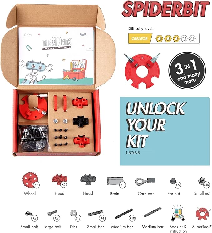 The Off Bits Erector Set: Animal Mini STEM Toys for Kids 6+ Toy Building Sets with Nuts &amp Bolts STEM Building Toys Gifts for Boys and Girls (Red Spider)