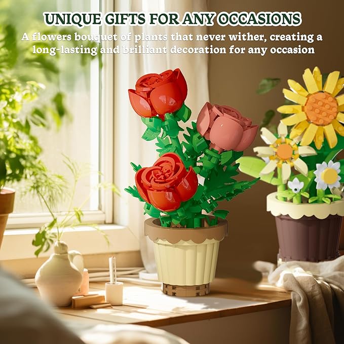 12 Pcs Flowers Bouquet Building Set2531 Pcs Flower Botanical Collection Building Block ToyMicro Plant for Home or Office Decor Mother's Day Valentine Christmas Birthday Gifts for AdultsGirls