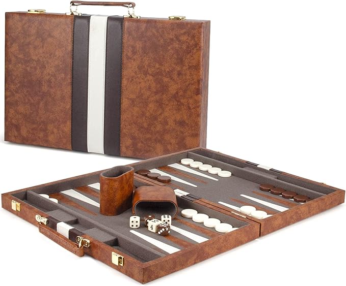 AMEROUS Backgammon Set 15 Inches Classic Board Game with Leather Case Folding Board Gift Package Portable Travel Strategy Backgammon Game Set for Adults Kids (Medium Brown)