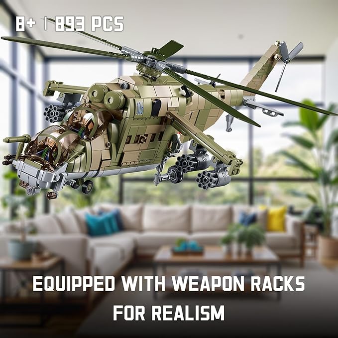 MI-24 Attack Helicopter Building Set - 893 PCS 1:30 Scale Military Gunship Model Battle Brick WW2 Army Toy Set with 3 Toy Soldiers