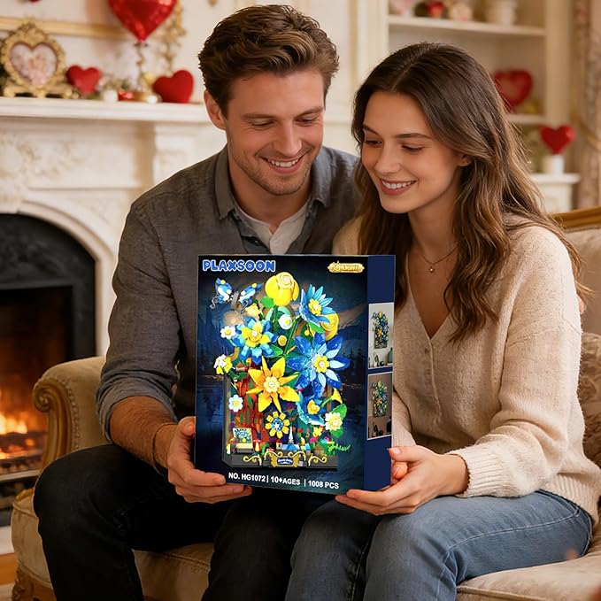 Starry Night Flower Wall Building Set with Lights Botanical Collection Famous Painting Artwork Building Block with Butterfly 1008 PCS Home Wall Decor for Adults Girls 10+