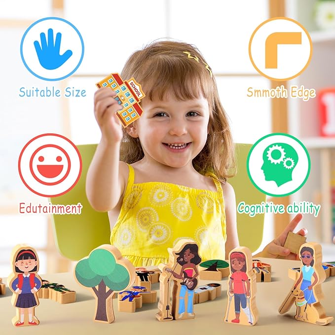 Blosssound 40 Pcs Wooden Community Helpers for Kids Little Occupations Figures Play Toys Wooden Blocks Multicultural Career Preschool Classroom Educational Supplies Birthday Gifts