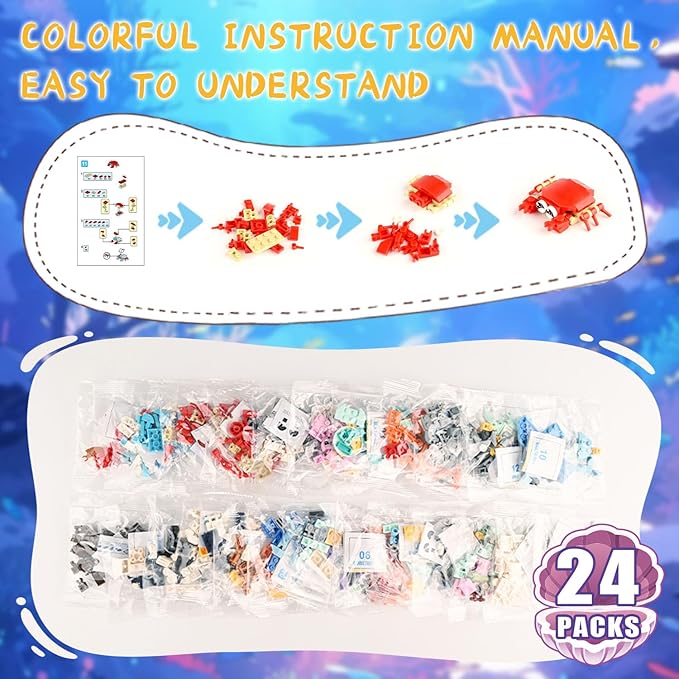 24 Packs Favors Kids Building Blocks Sea Animals Pool Party Favors Building Set for Birthday Goodie Bag Stuffers Classroom Prizes Easter for Boys and Girls Ages 6-12