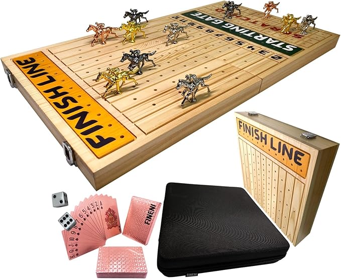 Horse Racing Game for Adults Foldable Horse Race Board Game with 11 Luxurious Metal Horses (Gold Silver Black RoseGold) 22” Pine Wood Horse Race Game Board Dice &amp RoseGoldCard (Log Color)