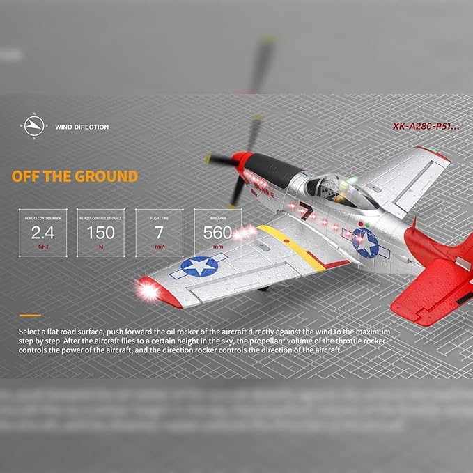XK A280 P-51 RC Airplane EPP Remote Control Airplane 3D/6G 2.4G 4CH Brushless 560mm Wingspan Fixed Wing RC Aircraft Model with Quick Release Military Plane Toy Gift -RTF