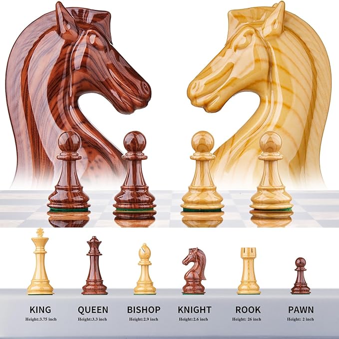 AMEROUS 17 inches Wooden Chess Set with High Polymer Weighted Chess Pieces / 2 Built-in Storage Drawers / 2 Extra Queens / 3.75'' King Classic Board Game