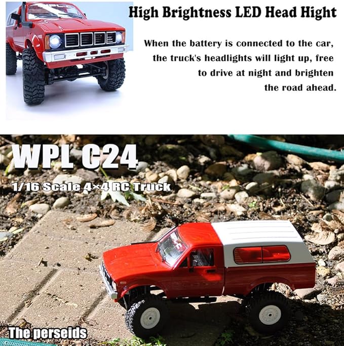 The perseids RC Rock Crawler RC Trucks 4x4 Pickup 1:16 Remote Control Car 2.4G Off-Road RC Crawler Semi Truck and Trailer All Terrain RTR Racing Vehicles Pickup with 2 Batteries (WPL C24)
