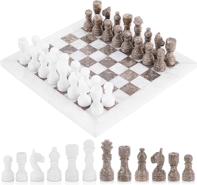 Radicaln Marble Chess Set 12 Inches White and Grey Oceanic Handmade Luxury Board Game for Adults Classic Stone Chess Board &amp Pieces Premium Game Night Gift for Home Decor