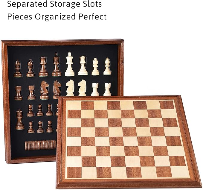 VAMSLOVE Chess and Checkers Board Game Sets for Adults Wooden Deluxe 15 inch Wood Board Box with Storage Classic 2 in 1 Large Size with Chess Pieces - 3” King Height - 2 Extra Queens