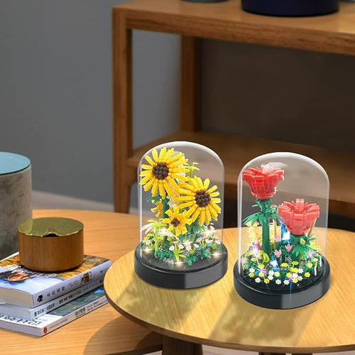 2 Flowers Bouquet Sunflowers - Rose Building Kit Creative Bonsai Tree Succulents Plant Blocks with LED Light Botanical Collection Home Office Decor Ideal Gift for Lover Adult