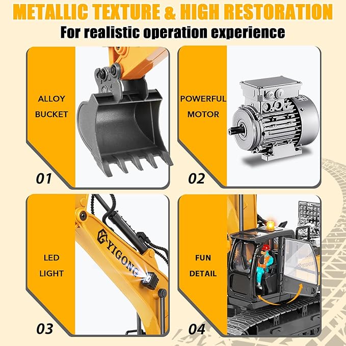 Remote Control Excavator for Boy 6 7 8 9 Years Old 2.4 GHz Gravity Controlled Excavator Toys with Lights Sound Rechargeable 11 CH RC Construction Vehicles Metal Shovel Gifts for Kids 6-12 Year Old