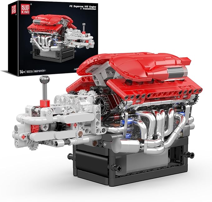 Mould King 10226 Engine Model Kit That Runs- Build Your Own STEM V12 Model Engine with Transmission 12-Cylinder Supercar Engine kit Building Engineering Toys for Adults Collections (863+PCS)
