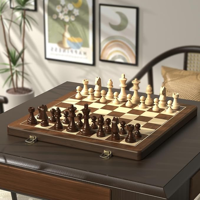 Premium Natural Walnut 15 Magnetic Wooden Folding Chess &amp Checkers Set- 2 in 1 Board Game with 3 King Staunton Pieces and 2 Extra Queens Checkers and Dust-Proof Storage Bag (Red)