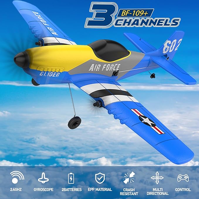 RC Plane 3 Channel RC Airplane 2.4GHz with 2 Batteries 6-axis Gyro Stabilizer Easy to Fly for Beginners Adults and Kids (P-51D)