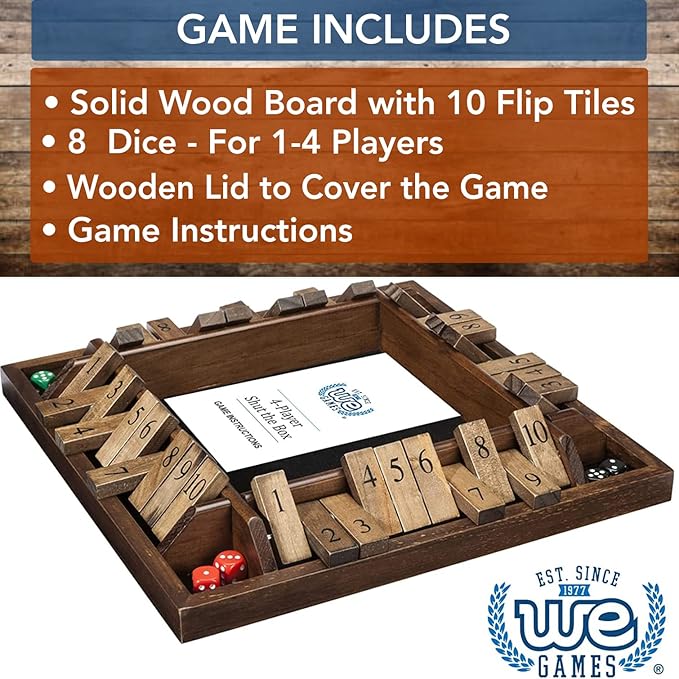 WE Games Shut The Box Board Game - Classic 4 Player Wooden Table Top Dice Game for Family Game Night Walnut Stained Wood 14 in. 10 Numbers Classroom Play or Bar Fun for Adults