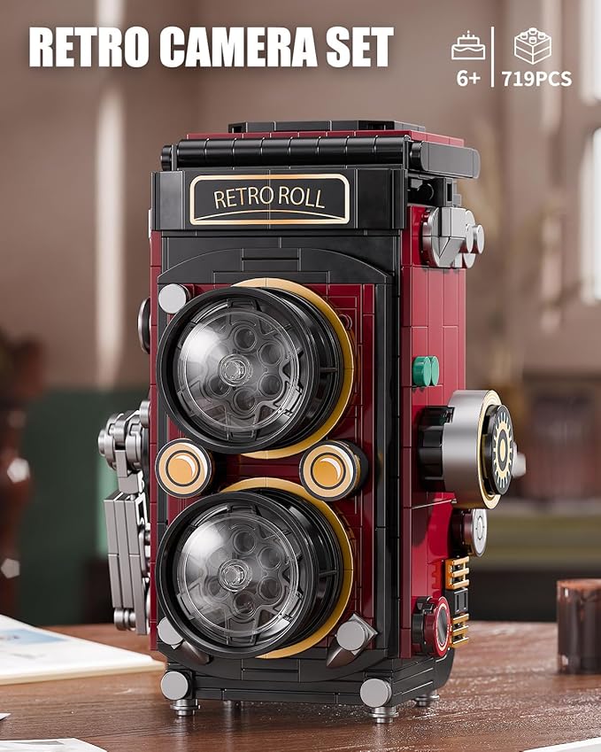 Retro Camera Building Blocks Sets with Lights DIY Camera Building Toys with Twin-Lens Reflex Design Unique Collectible for Home Decor Christmas Birthday Gift for Adults Boys age 8-12(719Pcs)