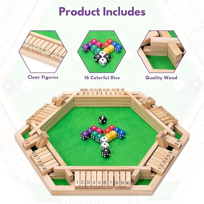 Shut The Box Dice Game - Classic Wooden Tabletop Game for 2-6 Players - Natural Wood Finish Family Board Game for Adults &amp Kids - Perfect for Parties Bars Classroom Math Learning