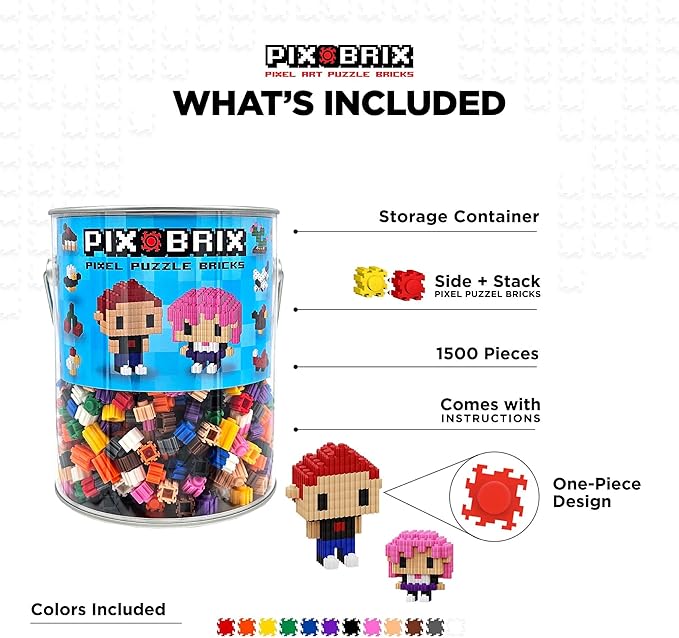 Pix Brix Pixel Art Puzzle Bricks Bucket – 1500 Piece Pixel Art Kit with 12 Colors Dark Palette – Interlocking Building Bricks 2D and 3D Builds – Stem Toys Ages 6 Plus