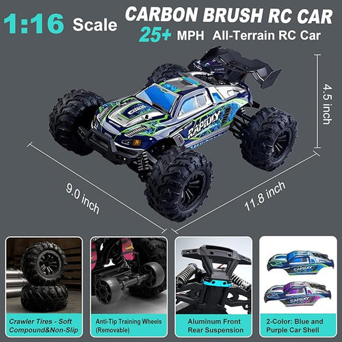 1:16 Scale RC Car for Adults 25+ MPH High Speed 4WD Waterproof Off-Road All-Terrain RC Truck with 2 Batteries &amp 2.4GHz Controller (1:16 Scale Carbon Brush)