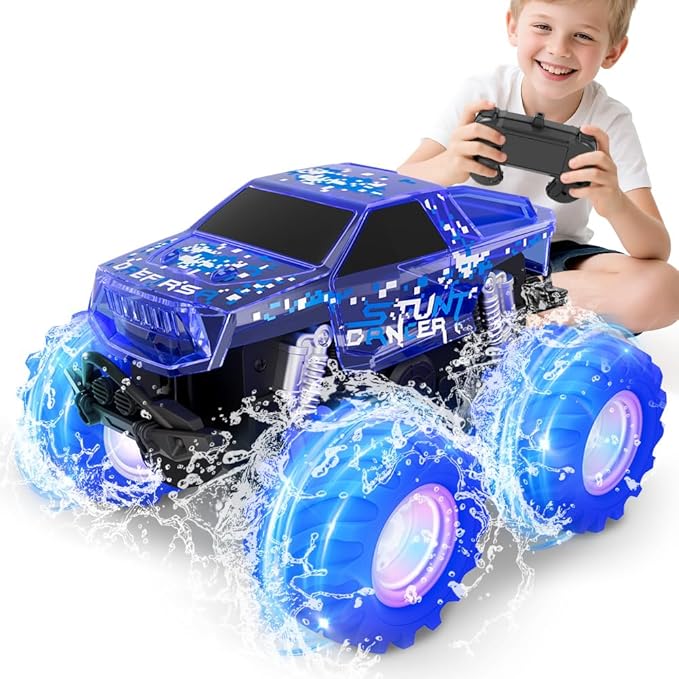 Blue Monster Truck Toy Amphibious Remote Control Car 4WD All Terrain Off-Road RC Truck with Colorful Light RC Stunt Car Toy for 6 7 8 9 10 11 12 Year Old Boy Birthday Gift