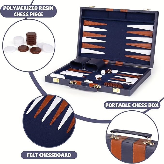 15-Inch Portable Backgammon Set with Faux Leather Case –Classic Board Game with Dice Chips &amp Doubling Cube for Travel &amp Home Entertainment