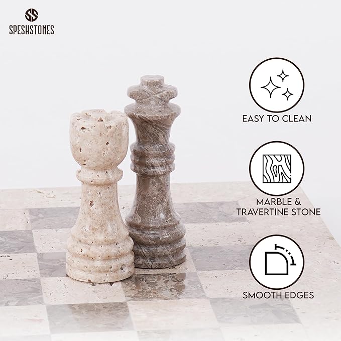 Marble Chess Set for Adults 12 Inch Handmade Travertine and Oceanic Board Game with Storage Box Travel Chess Set for Tabletop with Pieces &amp 2 Extra Queens Gifts for Home Décor