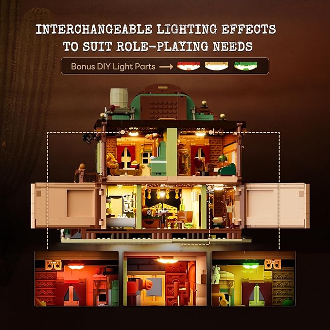 Western-Inn Lighting-Building-Bricks Set - 2682 Pcs The Old West Inn Light Construction Hotel Building Model Set for Adults and West Lovers