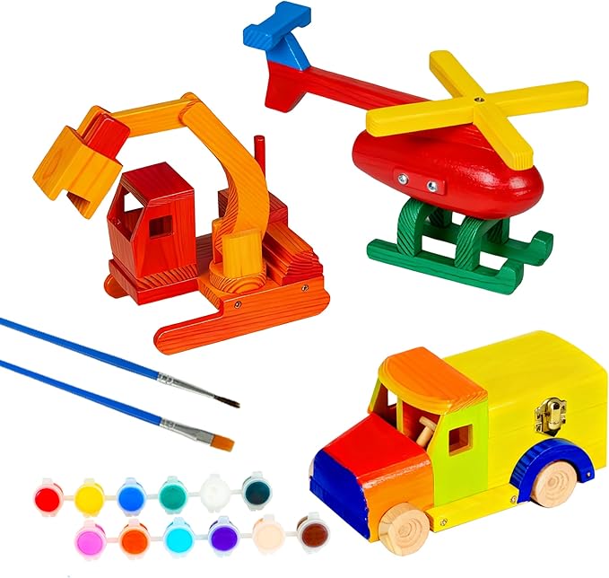 Easy Playhouse: Wood Building Toy Kit - DIY 3 Vehicle Projects: Helicopter Truck &amp Excavator 12 Paint Colors &amp 2 Brushes Arts &amp Craft Set Kids 8+