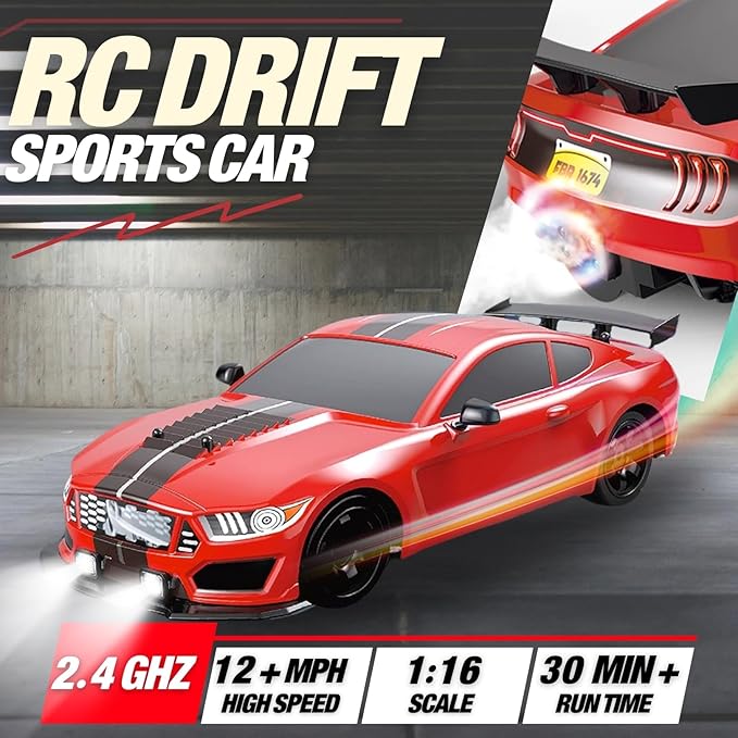 Liberty Imports RC Drift Car 1/16 2.4GHz 4WD Remote Control Sport Racing On-Road Vehicle with LED Light Batteries and Drift Tires (Red)