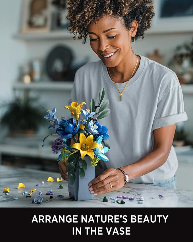 Nifeliz Wildflower Bouquet with Vase Model Toy Botanical Building Set for Adults Flower Arrangement for Home or Office Decor Nature-Inspired Gift for Floral Enthusiasts (902 PCS NF10337)
