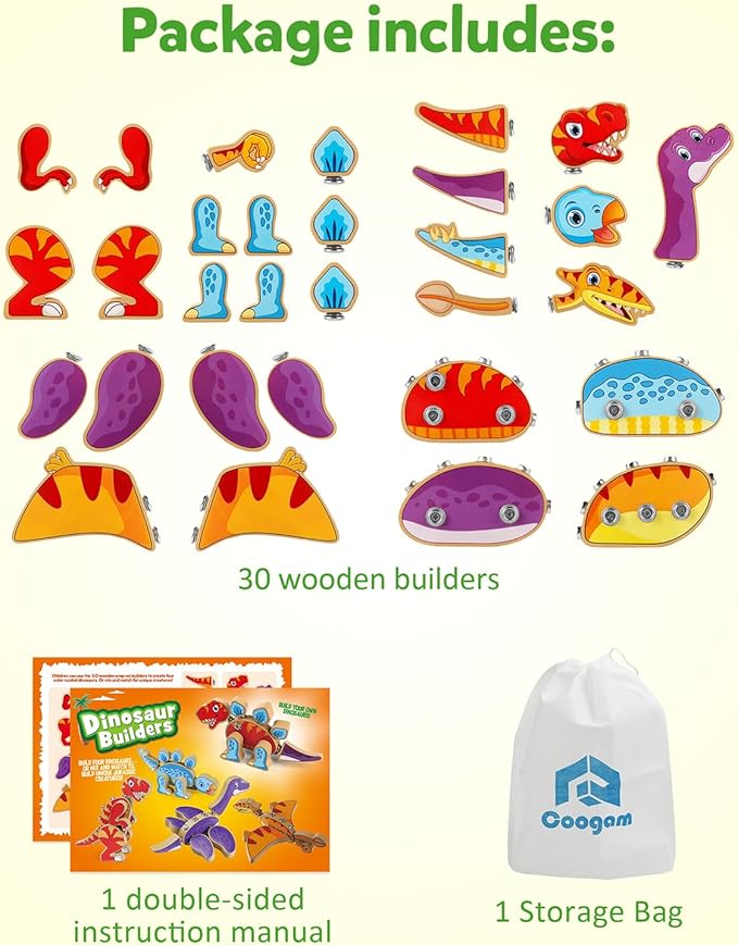 Coogam Dinosaur Snap Together Building Toys Wooden Take Apart Dinosaur Playset STEM Montessori Educational Fine Motor Skill Toy Gift for 3 4 5 Years Old Kids