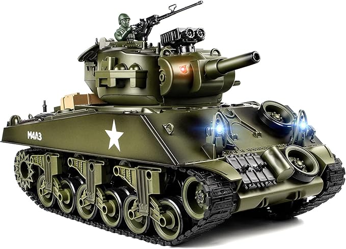 1/18 RC Tank 2.4G US M4A3 Sherman Remote Control Tank That Shoot BBS with Smoke Sound and Lights 165ft Remote Control Army Model Toy Military All-Terrain Vehicle for Kids &amp Adults